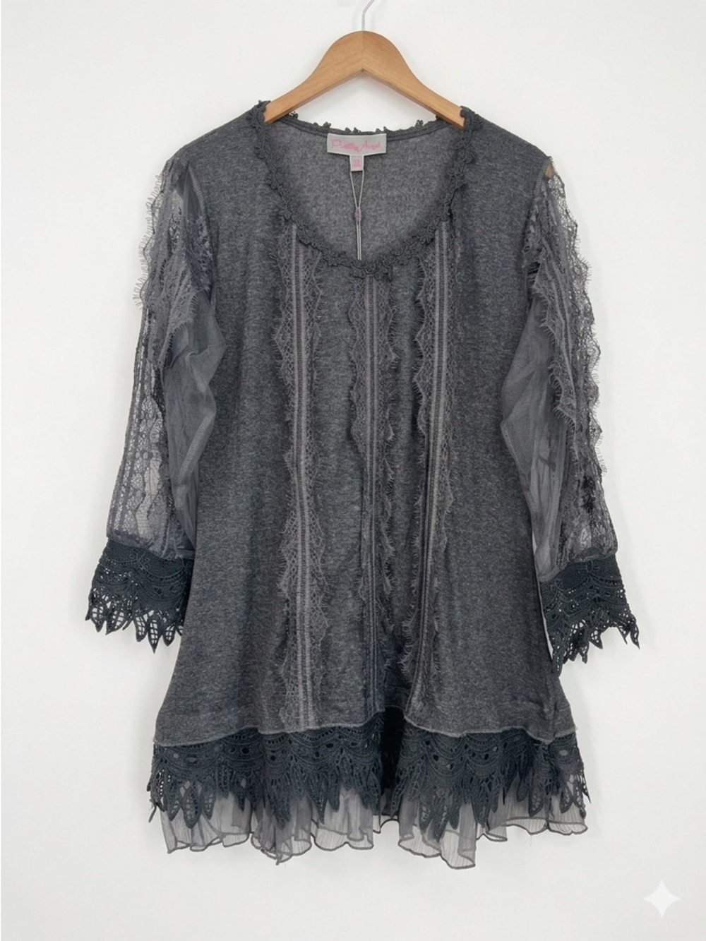 NWT Pretty Angel Charcoal Grey Lace-Trim Linen Blend Tunic Boho Whimsigoth Sz XL